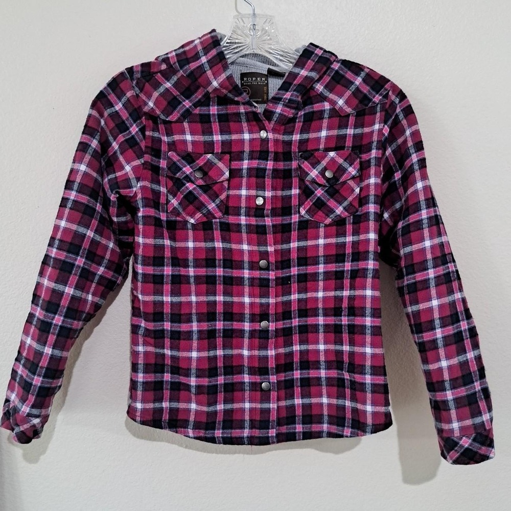 Roper girls pink plaid button up shirt shacket with hood Size Large